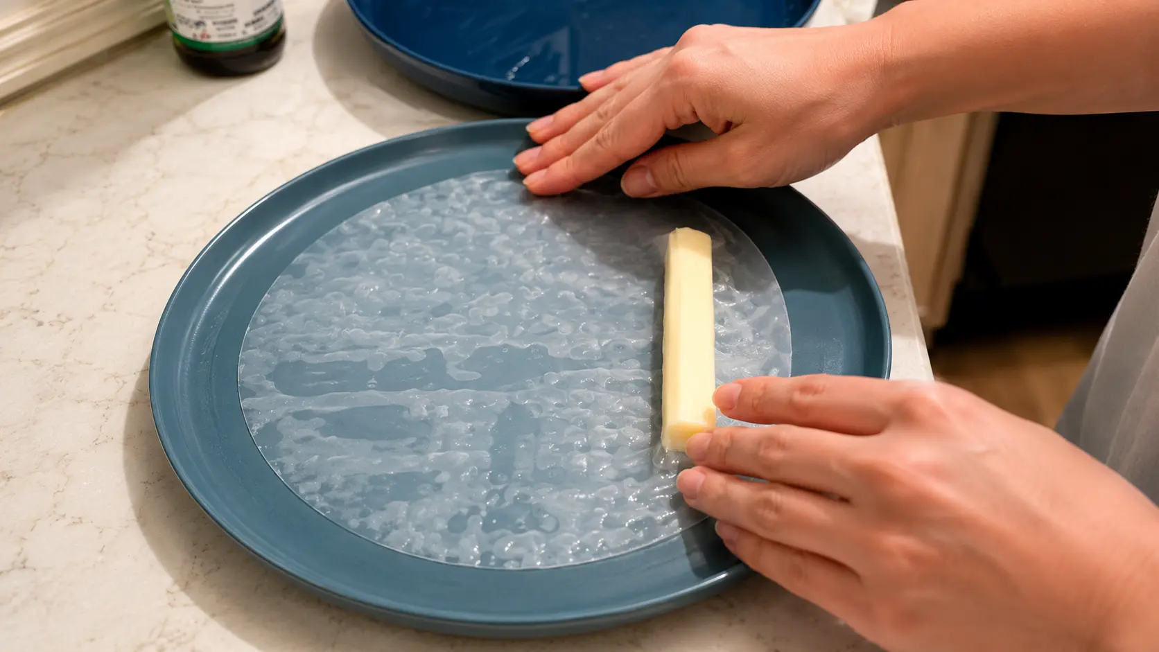 Professional food photography showing hands placing a string cheese stick along the edge of a softened rice paper wrapper on a matte blue ceramic plate. The translucent rice paper glistens with moisture, revealing its delicate texture, while soft natural lighting highlights the clean marble countertop and creates an elegant step-by-step recipe tutorial scene.