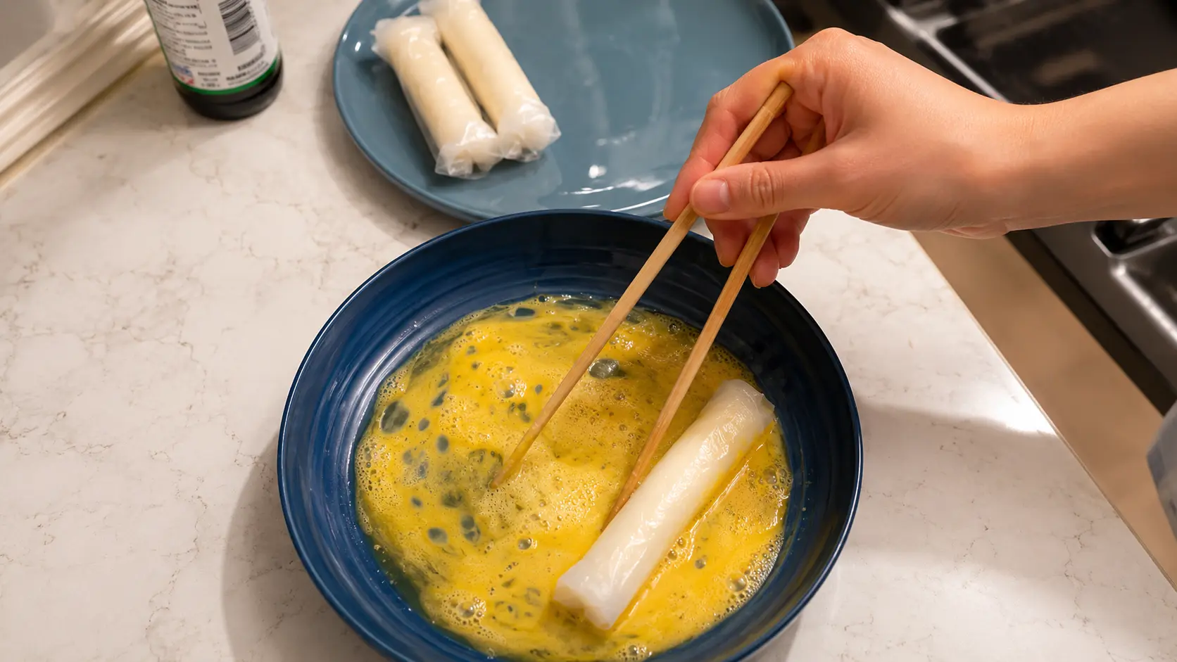 Overhead food photography showing a rice paper mozzarella stick being coated in beaten egg inside a deep navy-blue bowl. A hand uses bamboo chopsticks to gently turn the wrapped cheese stick through the golden egg mixture, while two additional rice paper rolls rest on a blue plate in the background. Soft natural lighting highlights the glossy textures of the egg wash and rice paper, creating a clean, professional recipe tutorial aesthetic.