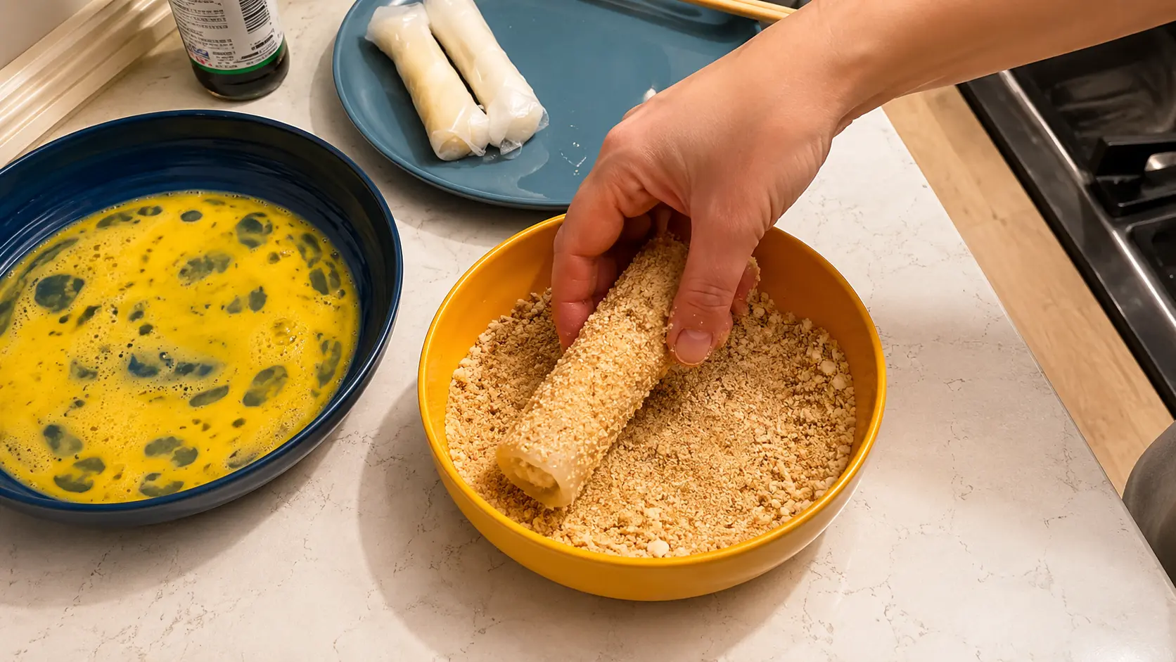 Professional food photography showing a hand coating a rice paper mozzarella stick in seasoned Italian breadcrumbs inside a small mustard-yellow bowl. Nearby, a navy-blue bowl with beaten egg mixture and a blue plate holding additional rice paper rolls create a step-by-step cooking setup. Soft natural lighting highlights the crunchy breadcrumb texture and clean marble countertop, giving the image an elegant recipe tutorial aesthetic.