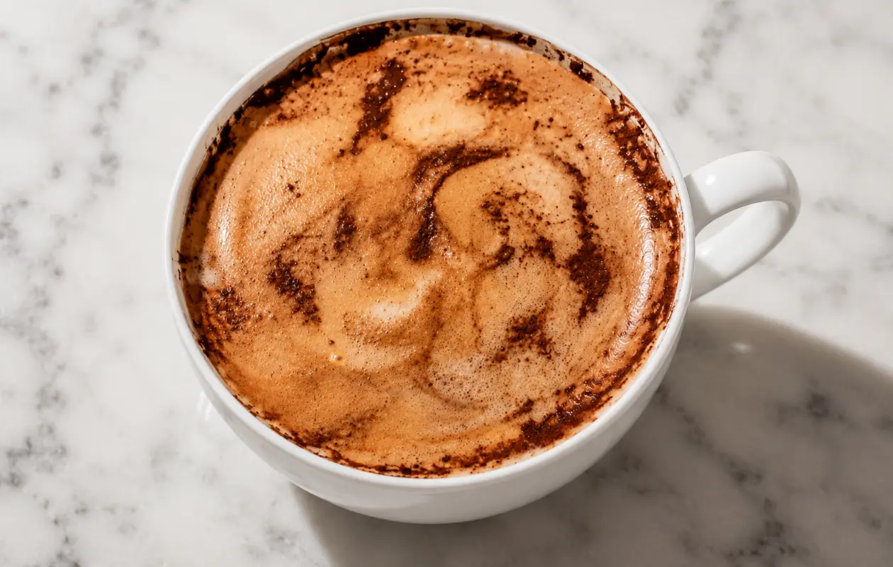 Close-up professional food photography of a rich chocolate latte in an elegant white ceramic cup with a matching saucer. A spoon lifts a silky layer of chocolate-infused foam from the drink, creating a smooth ribbon of froth cascading back into the cup. Th