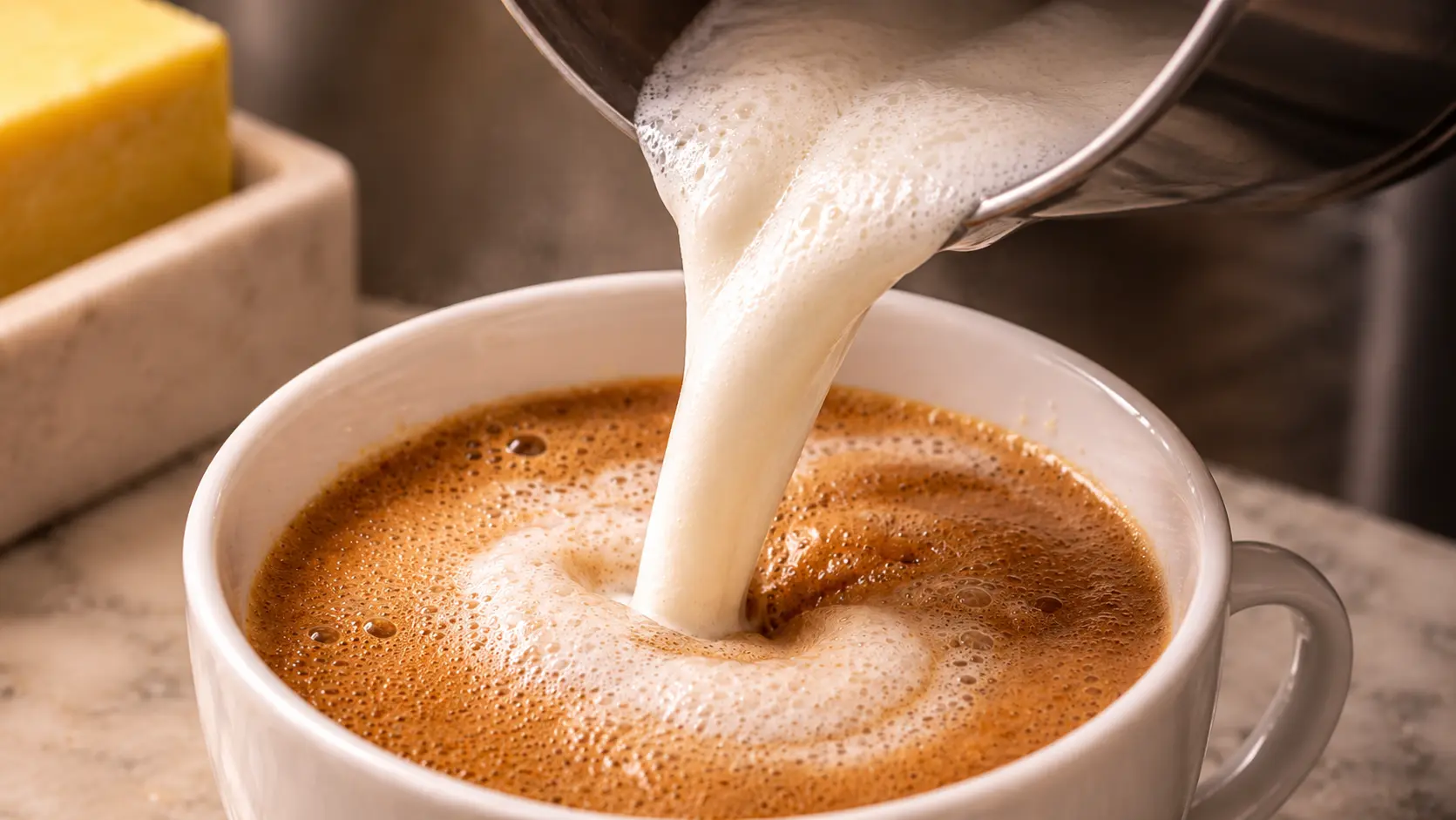 Professional food photography close-up of silky steamed milk being poured from a stainless steel frothing pitcher into a white ceramic cup of freshly brewed espresso. The creamy milk creates a swirling foam vortex within the rich golden-brown crema, while soft steam rises from the drink. Warm café lighting, shallow depth of field, and detailed textures highlight the smooth microfoam and glossy coffee surface, creating an inviting artisan latte-making scene.