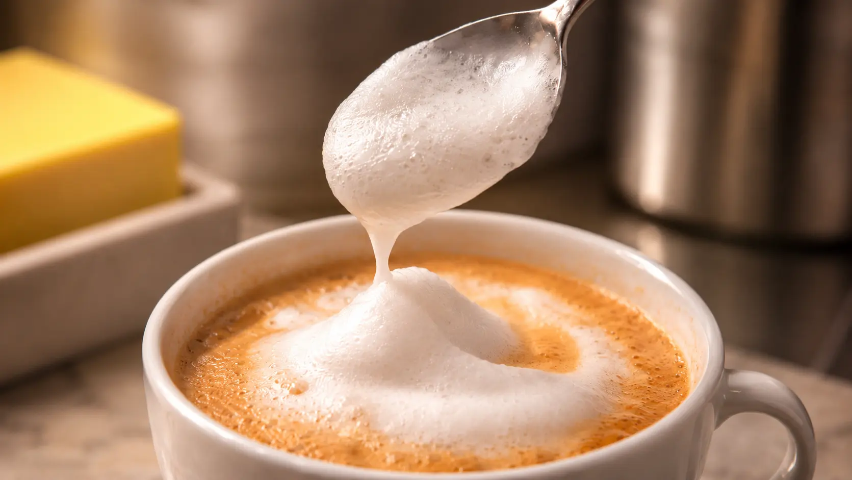 Professional food photography of a white ceramic cup filled with rich espresso topped with a cloud of silky sweet cream foam. A stainless steel spoon hovers above the drink, gently dripping additional foam onto the creamy mound below. Warm café lighting, soft background blur, and shallow depth of field create an inviting coffeehouse atmosphere, highlighting the smooth texture of the foam and the golden-brown crema beneath.