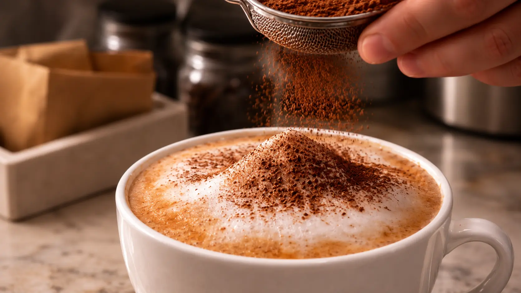 Professional food photography of a creamy chocolate latte in a white ceramic cup topped with a thick dome of velvety milk foam. A hand holds a fine mesh sieve above the drink, dusting cocoa powder over the foam in a delicate cascade. Warm café lighting, soft bokeh background, and shallow depth of field emphasize the rich textures of the froth and cocoa, creating an inviting artisan coffeehouse atmosphere.