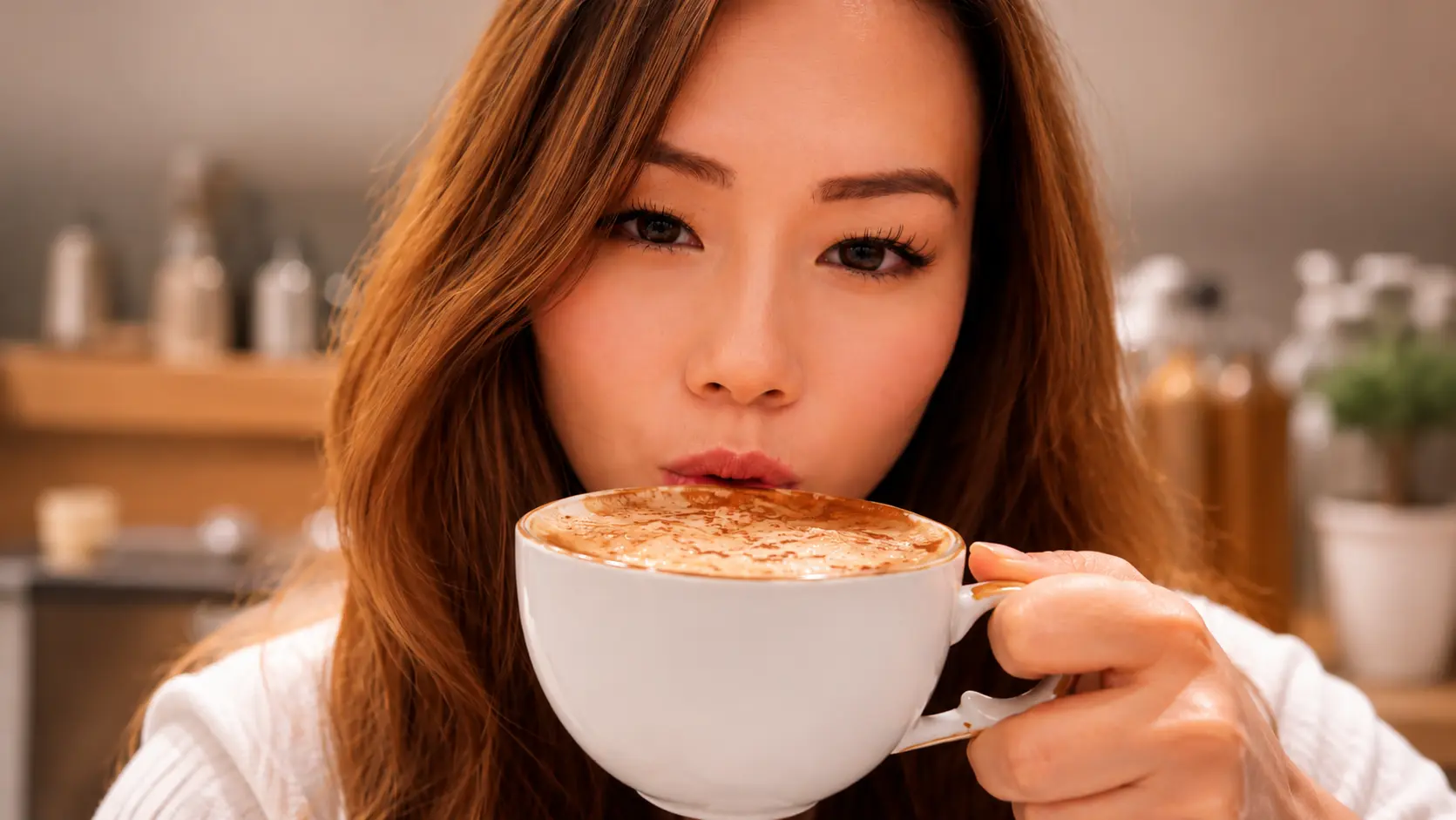 Professional lifestyle food photography featuring a woman holding a large white ceramic cup of chocolate latte close to her lips. The latte is topped with creamy foam and a light dusting of cocoa powder. Warm café lighting illuminates her face and highlights the rich brown tones of her hair, while a softly blurred coffeehouse background creates a cozy, inviting atmosphere. The image conveys comfort, warmth, and the enjoyment of a freshly made specialty coffee drink.