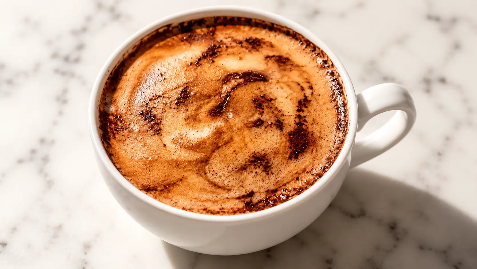 Close-up of a rich chocolate latte in a white ceramic cup with creamy froth and chocolate swirls, placed on a modern marble kitchen table beside a golden, flaky croissant, with soft natural lighting creating a clean, elegant feel.