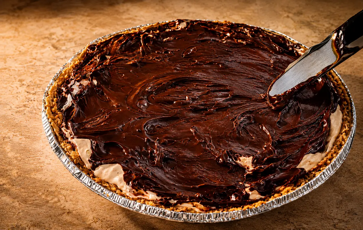Close-up of a rich chocolate cheesecake in a foil pan, topped with glossy swirled ganache being spread smoothly with a spatula under warm, professional lighting.