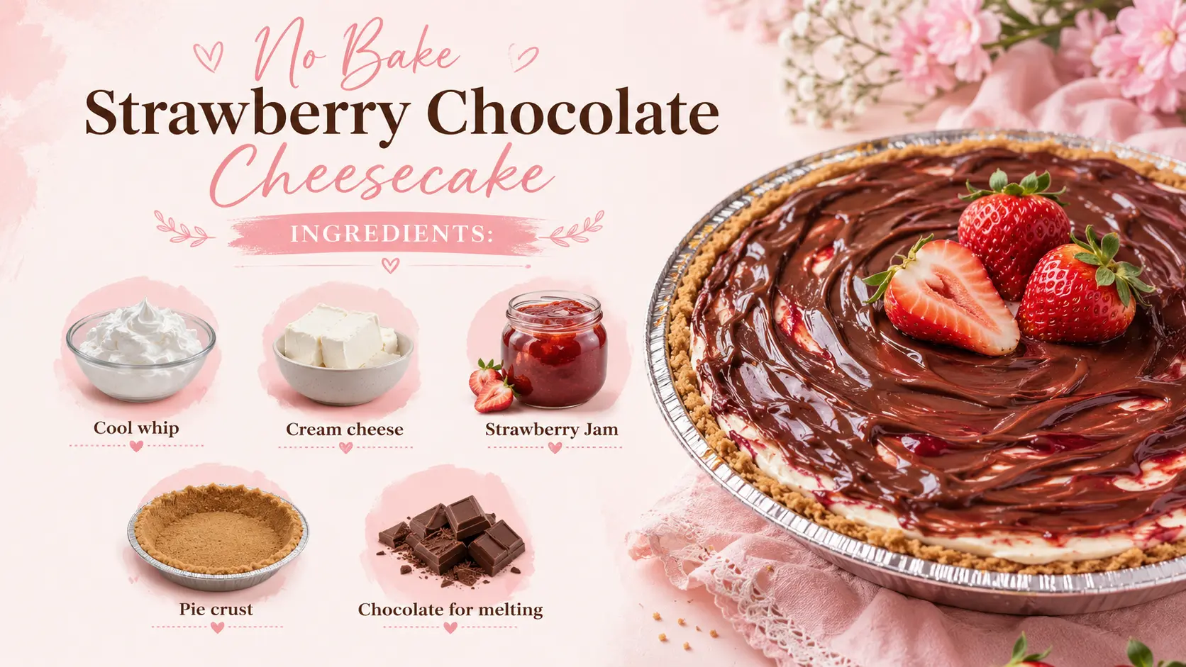 Hyper-realistic image of cheesecake ingredients arranged on a modern white marble countertop, including Cool Whip, cream cheese, strawberry jam, pie crust, and chocolate for melting, each clearly labeled with soft natural lighting and a clean, contemporary kitchen background.