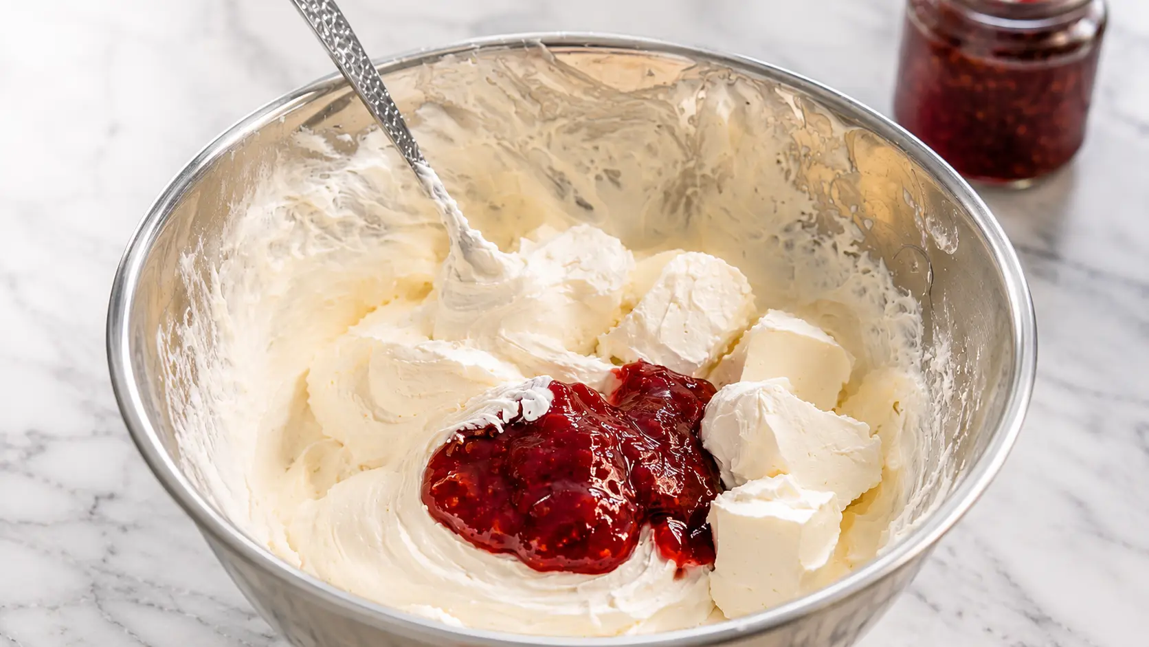 Hyper-realistic close-up of a mixing bowl on a marble countertop filled with fluffy Cool Whip and chunks of cream cheese, topped with glossy strawberry jam, with a spoon inside and soft professional lighting highlighting the creamy textures.