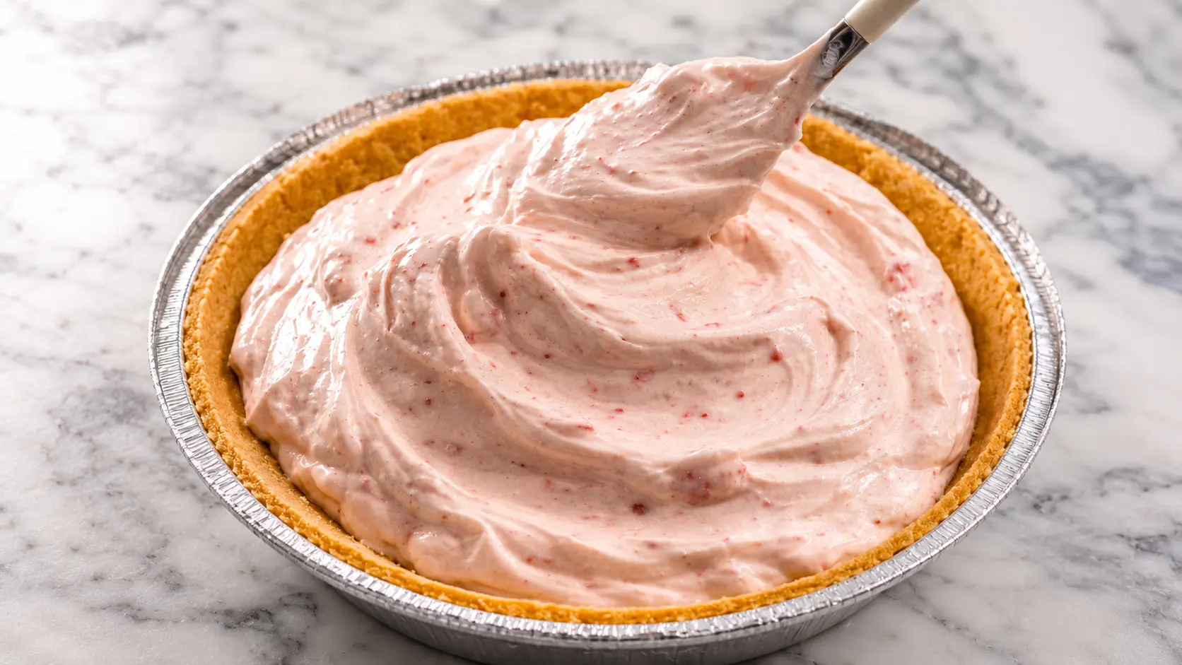 Hyper-realistic close-up of a creamy strawberry cheesecake filling being spread into a pie crust with a spatula, set on a marble countertop with soft professional lighting highlighting the smooth, fluffy texture.