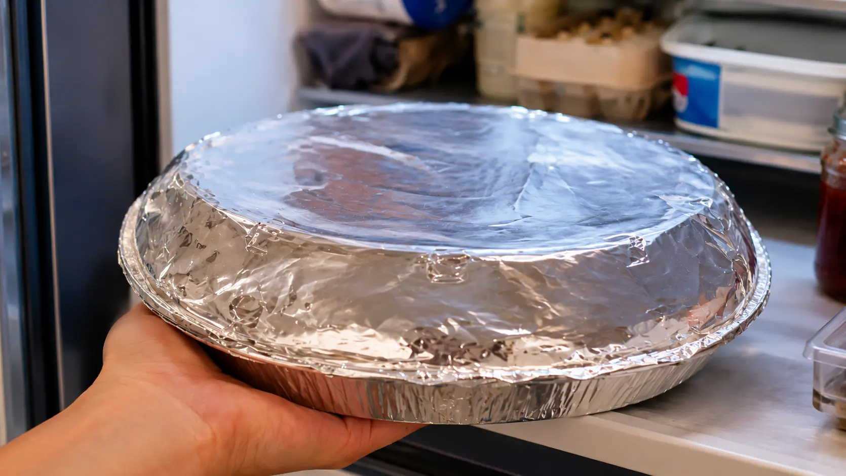 Hyper-realistic close-up of a cheesecake in a foil pan wrapped in plastic wrap being placed into a refrigerator, with clean professional lighting highlighting the smooth surface and reflective textures.
