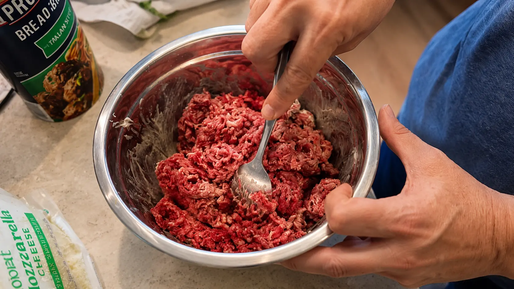 Professional food photography-style close-up of hands mixing raw ground beef in a large stainless steel bowl on a light-colored kitchen countertop. A metal spoon is being used to combine the ingredients, while shredded mozzarella cheese and Italian-style breadcrumbs sit nearby, ready for use. The image features natural lighting, sharp detail, realistic textures, and a shallow depth of field that highlights the food preparation process for stuffed mushrooms.