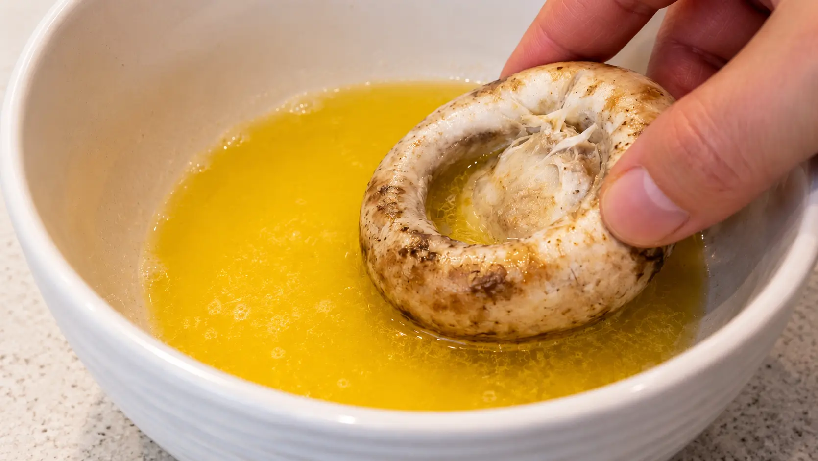 Professional food photography-style close-up of a large mushroom cap being dipped into a bowl of melted butter by hand. The mushroom’s earthy texture and natural details are sharply focused, while the golden butter glistens under warm lighting. The creamy ceramic bowl and softly blurred background create a clean, realistic kitchen scene that highlights the preparation process for stuffed mushrooms.