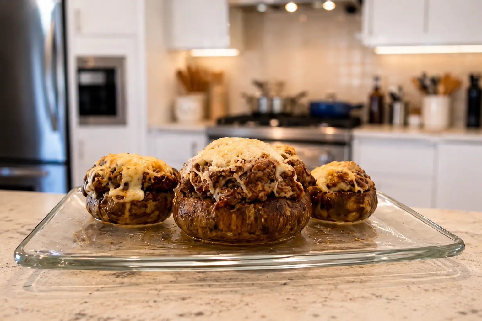 Close-up of a baking tray filled with freshly baked stuffed mushrooms topped with melted, golden cheese, surrounded by crispy, caramelized drippings on parchment paper in a warmly lit kitchen.