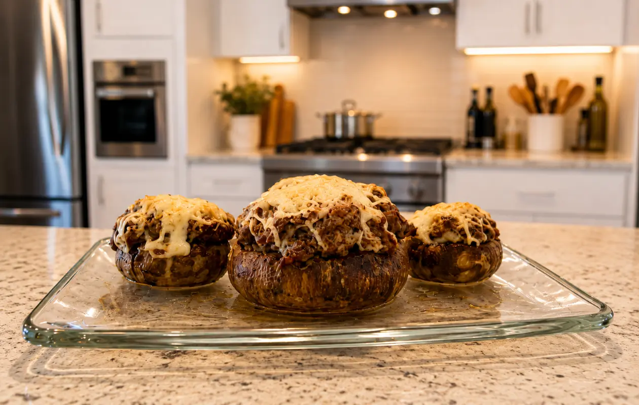 Professional food photography of three oversized stuffed mushrooms arranged on a clear glass serving platter atop a light granite kitchen island. Each mushroom is filled with a savory beef mixture and topped with melted golden cheese that drapes over the e