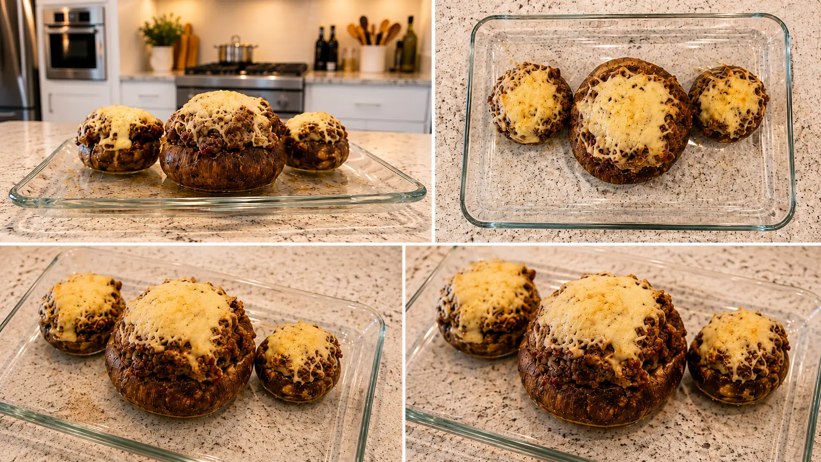Four-panel food photography collage featuring stuffed mushrooms in a bright modern kitchen. The top-left image shows a front-facing view of three stuffed mushrooms topped with melted cheese on a clear glass platter. The top-right image presents an overhead view highlighting the arrangement and golden cheese topping. The bottom-left image captures a three-quarter angle emphasizing the size and texture of the mushrooms, while the bottom-right image offers a close perspective showcasing the savory beef filling and melted cheese. The warm kitchen background, granite countertop, and soft lighting create a realistic, restaurant-quality presentation ideal for a recipe blog or food website.
