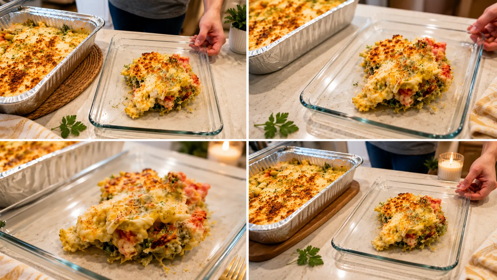 A four-panel food photography collage featuring a creamy baked vegetable casserole topped with golden-brown melted cheese. Each panel shows the casserole from a different angle in a clear glass baking dish on a light-colored kitchen countertop. A large aluminum tray filled with the casserole appears in the background, while a hand gently holds the glass dish in several shots. Warm lighting highlights the bubbly cheese, colorful vegetables, and rich texture, creating a clean, inviting, home-cooked presentation suitable for a recipe blog or food website.