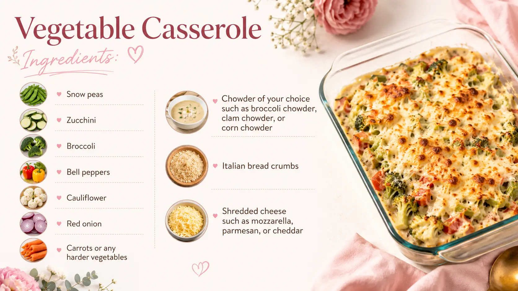 A feminine recipe infographic titled “Vegetable Casserole Ingredients” displayed on a soft blush-pink background with floral accents, heart illustrations, and elegant typography. The left side features ingredient icons and a list including snow peas, zucchini, broccoli, bell peppers, cauliflower, red onion, carrots or other hard vegetables, chowder of choice, Italian bread crumbs, and shredded cheese. The right side showcases a baked vegetable casserole in a clear glass baking dish with a golden, bubbly cheese topping. Pink flowers, delicate greenery, and soft fabric accents create a warm, stylish, recipe-blog aesthetic.