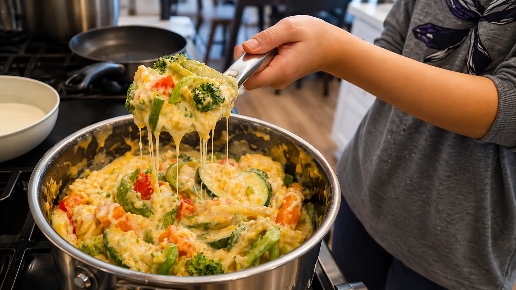 Close-up of a hand lifting a spoonful of creamy vegetable casserole from a stainless steel pot, with melted cheese stretching over broccoli, zucchini, and peppers under warm, professional lighting.