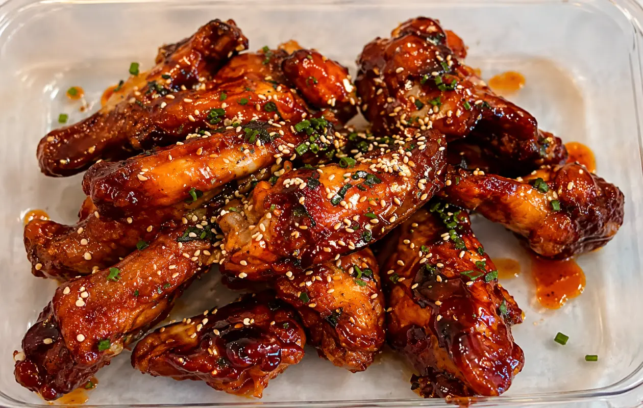 A professional food photography image of Coca Cola chicken wings coated in a thick, glossy caramelized glaze. The wings are arranged in a clear glass baking dish and generously sprinkled with sesame seeds and chopped green herbs. The rich amber brown sauce