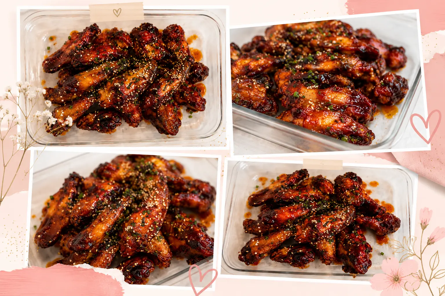 A feminine food photography collage featuring four professional images of Coca Cola chicken wings arranged in a flat transparent glass dish. Each image showcases the wings from a different angle, highlighting the glossy caramelized Coca Cola and soy sauce glaze, toasted sesame seeds, and green herb garnish. The collage is decorated with soft blush pink watercolor accents, delicate floral illustrations, gold speckles, hand drawn hearts, and scrapbook style tape details. The warm amber tones of the wings contrast beautifully with the light pastel background, creating an elegant, inviting, and Pinterest worthy food presentation. The wings appear sticky, shiny, and restaurant quality, with rich textures and vibrant colors throughout the composition.