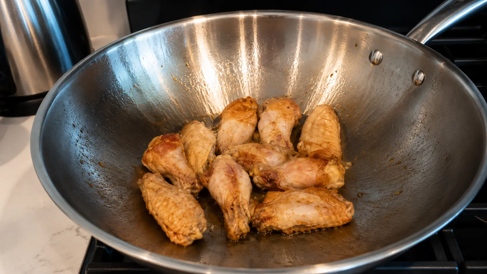 A professional food photography image showing chicken wings browning in a large stainless steel wok on a stovetop. The wings are lightly golden with caramelized edges and are arranged in the center of the wok, surrounded by a small amount of sizzling cooking juices. The reflective metal surface of the wok catches the warm kitchen lighting, emphasizing the texture and color of the chicken. In the softly blurred background, a stainless steel kettle and modern kitchen appliances create a clean, realistic home cooking environment. The image captures an early cooking stage of Coca Cola chicken wings, highlighting the searing process before the sauce is added. The overall composition is bright, realistic, and styled like a high-end food blogger recipe tutorial.