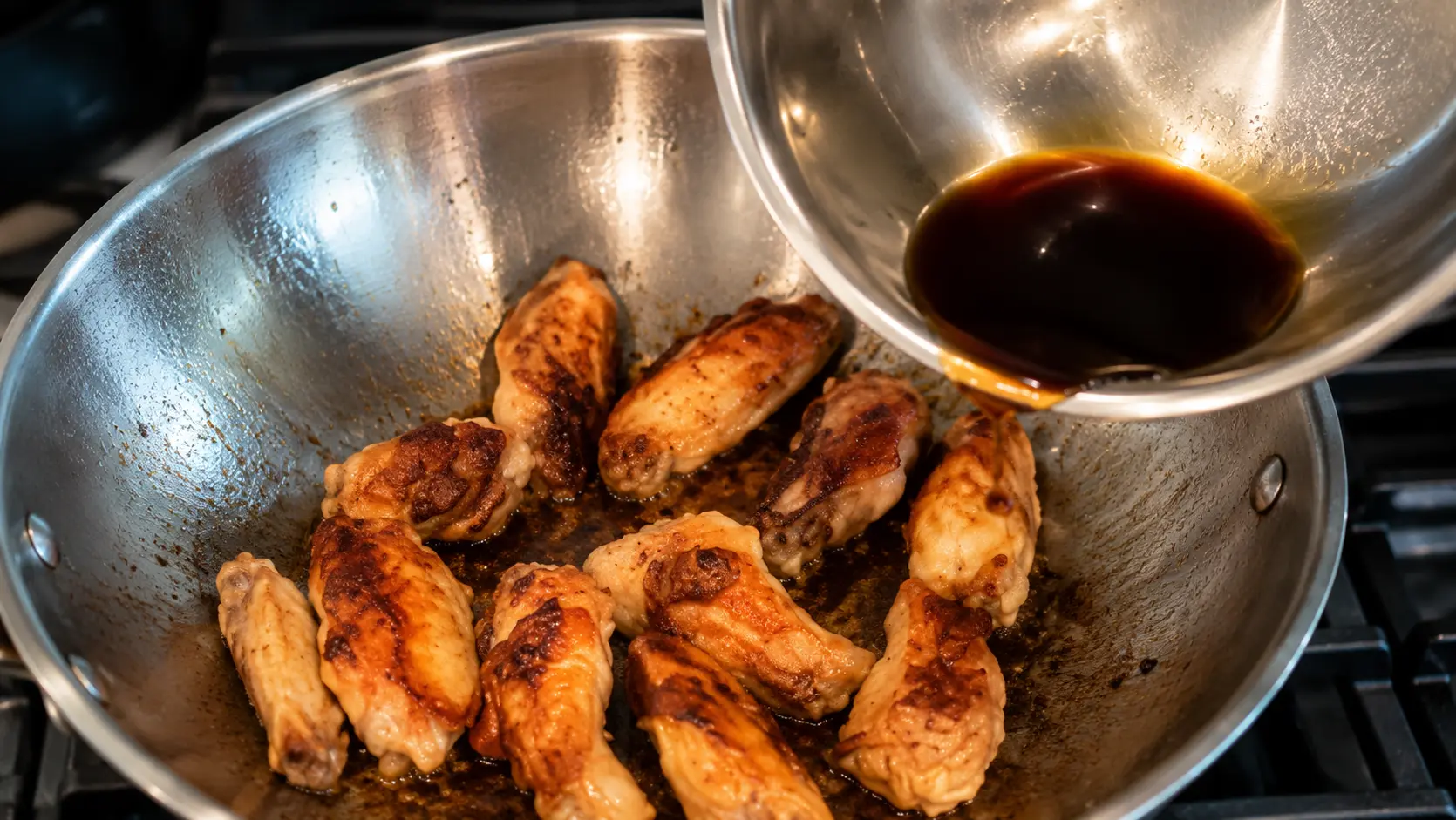 A professional food photography image capturing chicken wings searing in a large stainless steel wok on a stovetop. The wings have developed a golden brown crust with caramelized edges and are arranged evenly across the pan. A stainless steel mixing bowl hovers above the wok as a stream of dark soy sauce pours onto the wings, capturing the cooking process in action. The glossy sauce contrasts beautifully with the golden chicken skin, while the reflective metal surfaces of both the wok and bowl enhance the visual appeal. Warm kitchen lighting highlights the textures of the browned wings, creating a realistic, restaurant-quality food photography aesthetic. The image represents the step where soy sauce is added to the chicken wings before the Coca Cola is incorporated into the recipe.