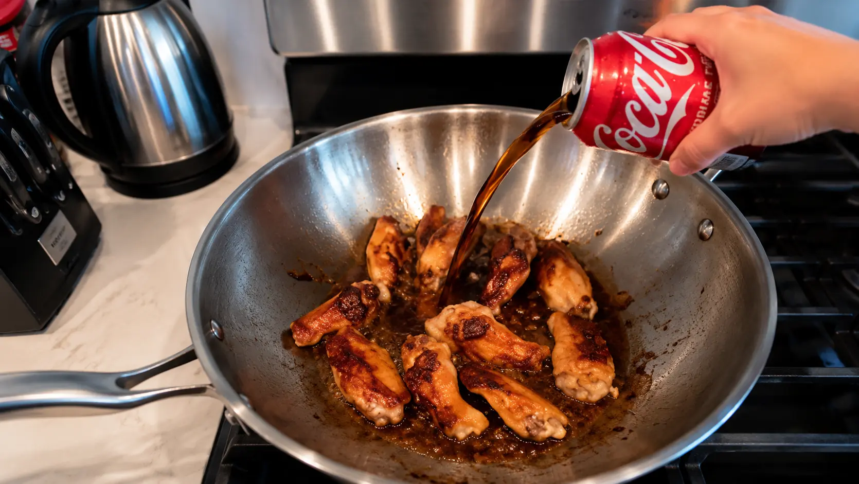 A professional food photography image showing a hand pouring Coca Cola from a red soda can into a large stainless steel wok filled with browned chicken wings. The wings are lightly caramelized with golden brown edges and are arranged across the center of the pan. A stream of dark cola flows from the can into the sizzling wok, capturing the moment the key ingredient is added to the recipe. The reflective metal wok and bubbling cooking juices create a dynamic cooking scene, while a stainless steel kettle and knife block sit softly blurred in the background. Bright natural lighting highlights the textures of the chicken, the glossy cola stream, and the polished cookware. The image has a realistic, high-end food blogger aesthetic and illustrates the step where Coca Cola is added to create the signature sweet and savory glaze for Coca Cola chicken wings.