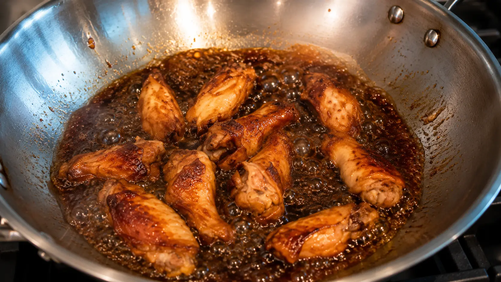 A professional food photography image showing chicken wings simmering in a large stainless steel wok as a Coca Cola and soy sauce mixture reduces into a thick, glossy glaze. The wings are golden brown with caramelized edges and are partially submerged in a dark amber sauce filled with active bubbling. The sauce appears rich and sticky, coating the chicken while reflecting the warm kitchen lighting. The stainless steel wok features a shiny reflective surface with droplets of glaze splattered along the sides, emphasizing the cooking process. The image captures the moment when the Coca Cola caramelizes and transforms into a deep, savory sweet sauce. The close-up composition highlights the texture of the chicken skin, the bubbling glaze, and the rich caramelized color, creating a realistic, restaurant-quality food photography aesthetic perfect for a Coca Cola chicken wings recipe tutorial.