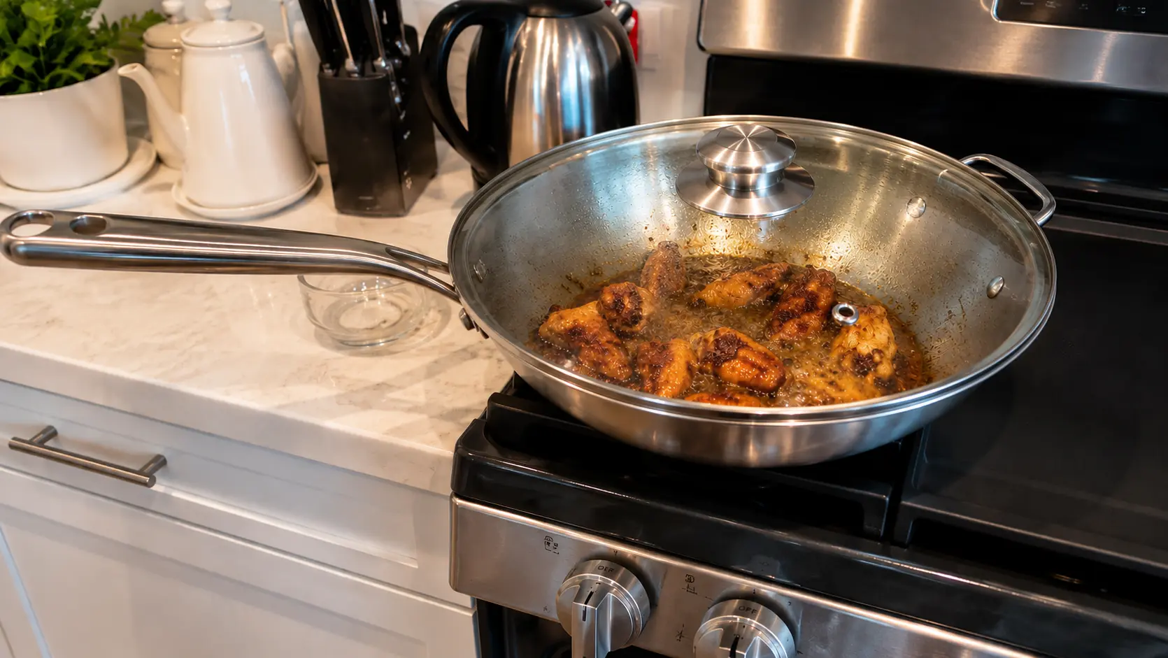 A professional food photography image showing a large stainless steel wok on a modern gas stovetop, covered with a clear glass lid featuring a brushed stainless steel handle. Through the lightly fogged lid, golden brown chicken wings can be seen simmering in a rich, dark Coca Cola and soy sauce glaze. Small droplets of condensation cling to the inside of the glass, while steam rises from the bubbling sauce beneath. The wok sits on a sleek stainless steel range surrounded by a bright, clean kitchen with a white teapot, stainless steel electric kettle, knife block, and decorative green plant in the softly blurred background. Warm natural lighting highlights the reflective surfaces of the cookware and creates an inviting home cooking atmosphere. The image captures the simmering stage of Coca Cola chicken wings as the sauce reduces and develops its signature glossy caramelized texture.