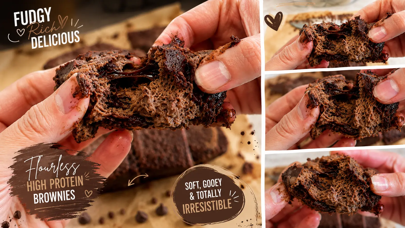 Fudgy high protein brownies with a gooey melted chocolate center. Flourless brownies made with banana, Greek yogurt, cocoa powder, and chocolate chips.