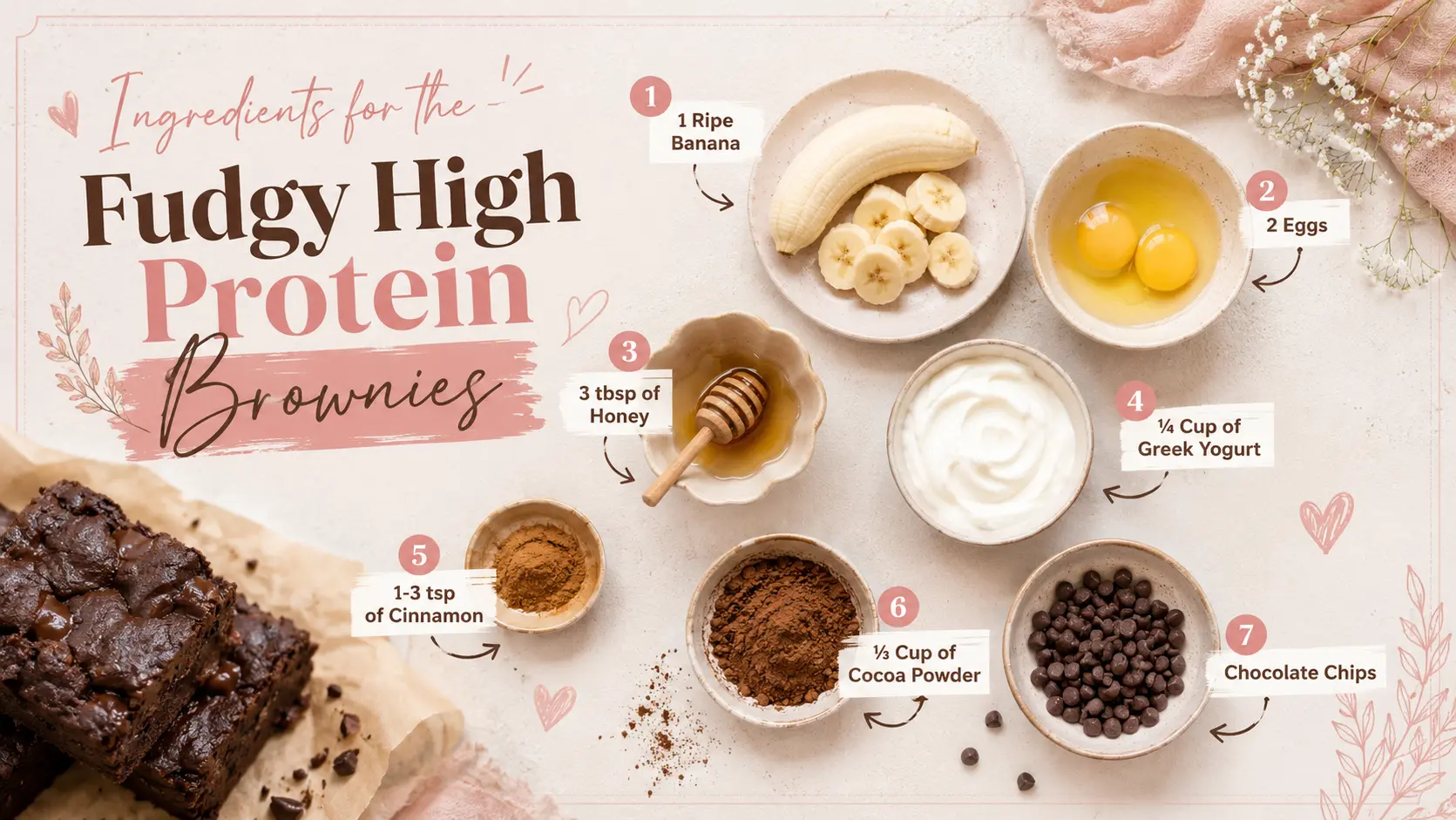 Ingredients for fudgy high protein brownies displayed in a feminine recipe infographic featuring banana, eggs, honey, Greek yogurt, cinnamon, cocoa powder, and chocolate chips.