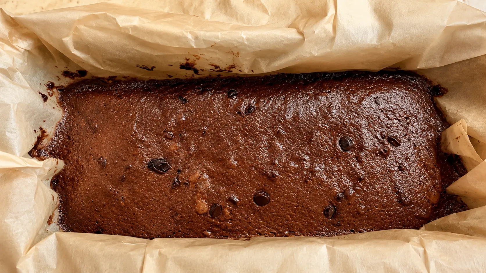 Freshly baked flourless high protein brownies cooling in a parchment lined pan. Made with banana, eggs, Greek yogurt, cocoa powder, and chocolate chips for a rich fudgy texture.
