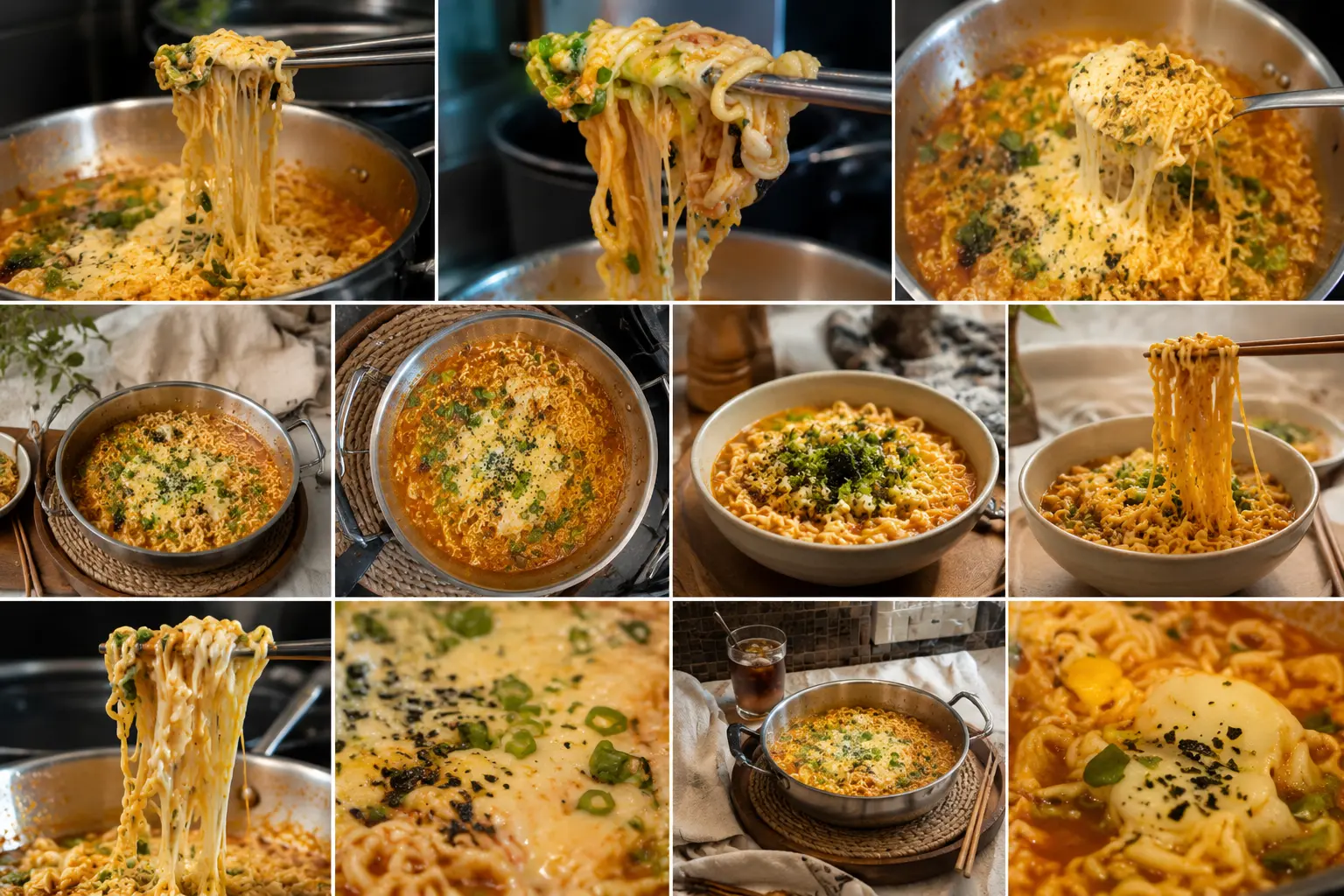 Collage of cheesy ramen noodles photographed from multiple angles, featuring gooey melted cheese, spicy Korean ramen, creamy broth, and close-up food photography with dramatic cheese pulls.
