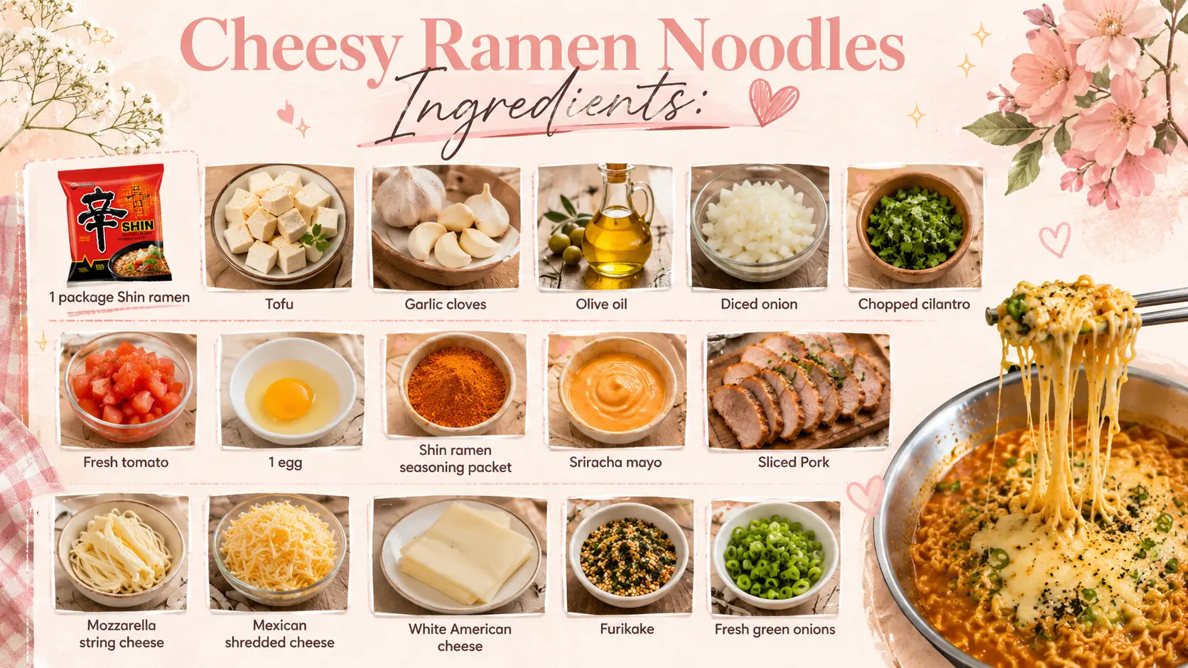 Cheesy ramen noodles ingredient list featuring Shin ramen, tofu, garlic, onion, cheeses, sliced pork, fresh herbs, and spicy toppings with a bowl of cheesy Shin ramen and melted cheese pull.