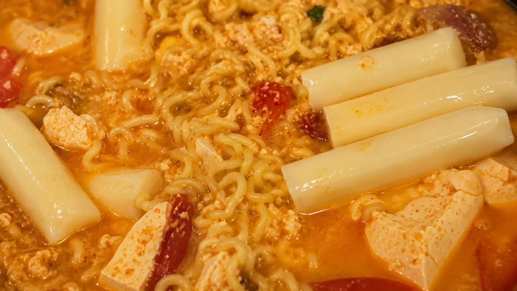Mozzarella string cheese melting into spicy Shin ramen noodles with tofu in a creamy cheesy broth.