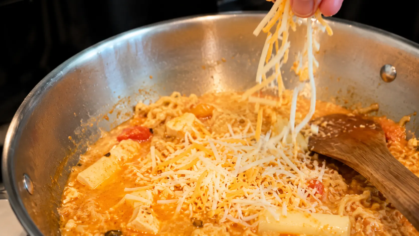 Shredded cheese melting into creamy cheesy Shin ramen noodles with tofu in a spicy broth.