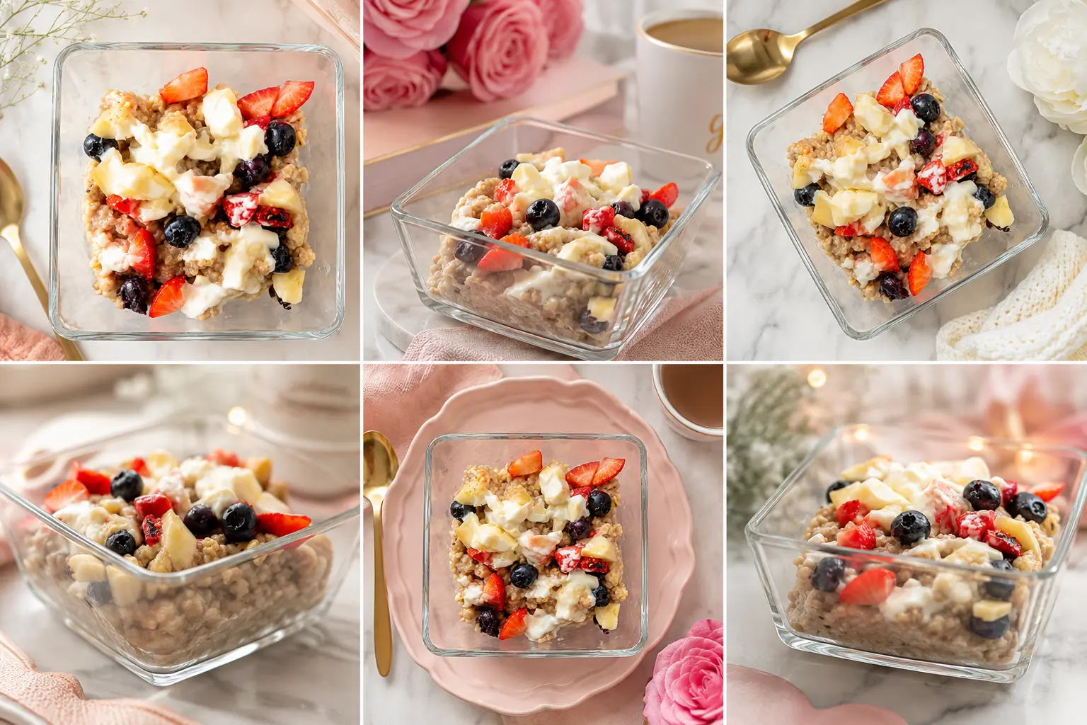 Collection of six protein oatmeal bowls topped with fresh strawberries, blueberries, bananas, Greek yogurt, and honey, styled in elegant feminine breakfast settings with soft pink decor and natural lighting.