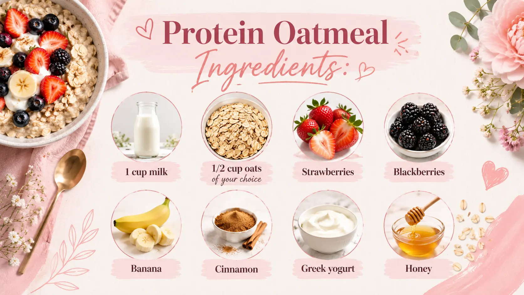 Feminine protein oatmeal ingredients infographic featuring milk, oats, strawberries, blackberries, banana, cinnamon, Greek yogurt, and honey with soft pink floral accents.