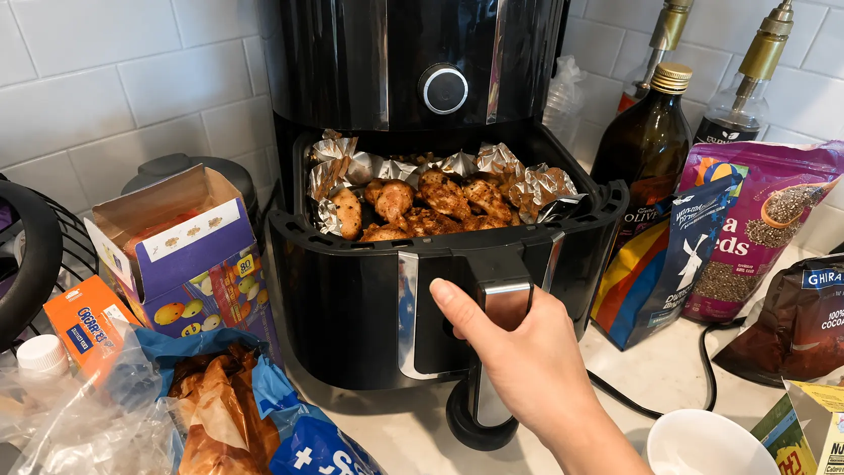 **Placing marinated chicken wings into a foil-lined air fryer basket before air frying.**