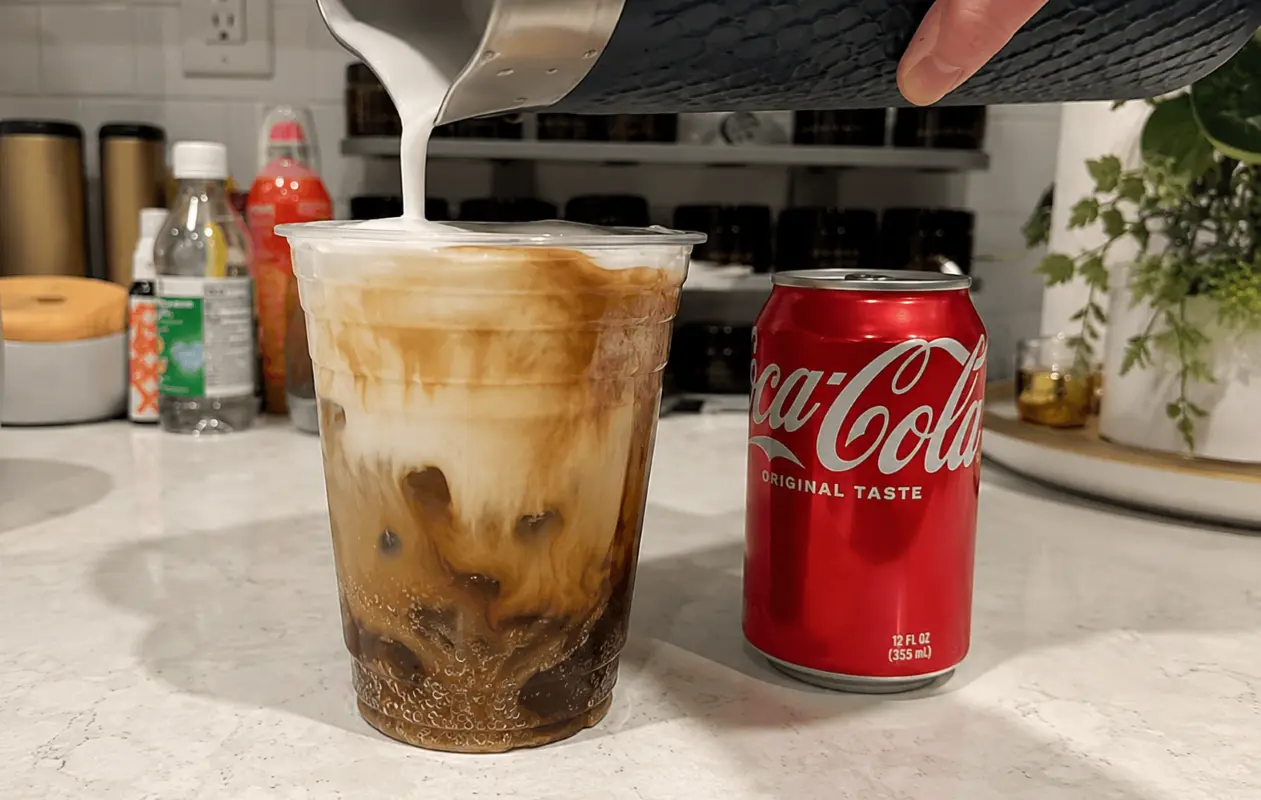 Close-up of a layered iced Dalgona coffee in a clear plastic cup, featuring creamy white milk swirled with rich brown coffee and topped with thick, frothy foam, set against a softly blurred neutral background.
