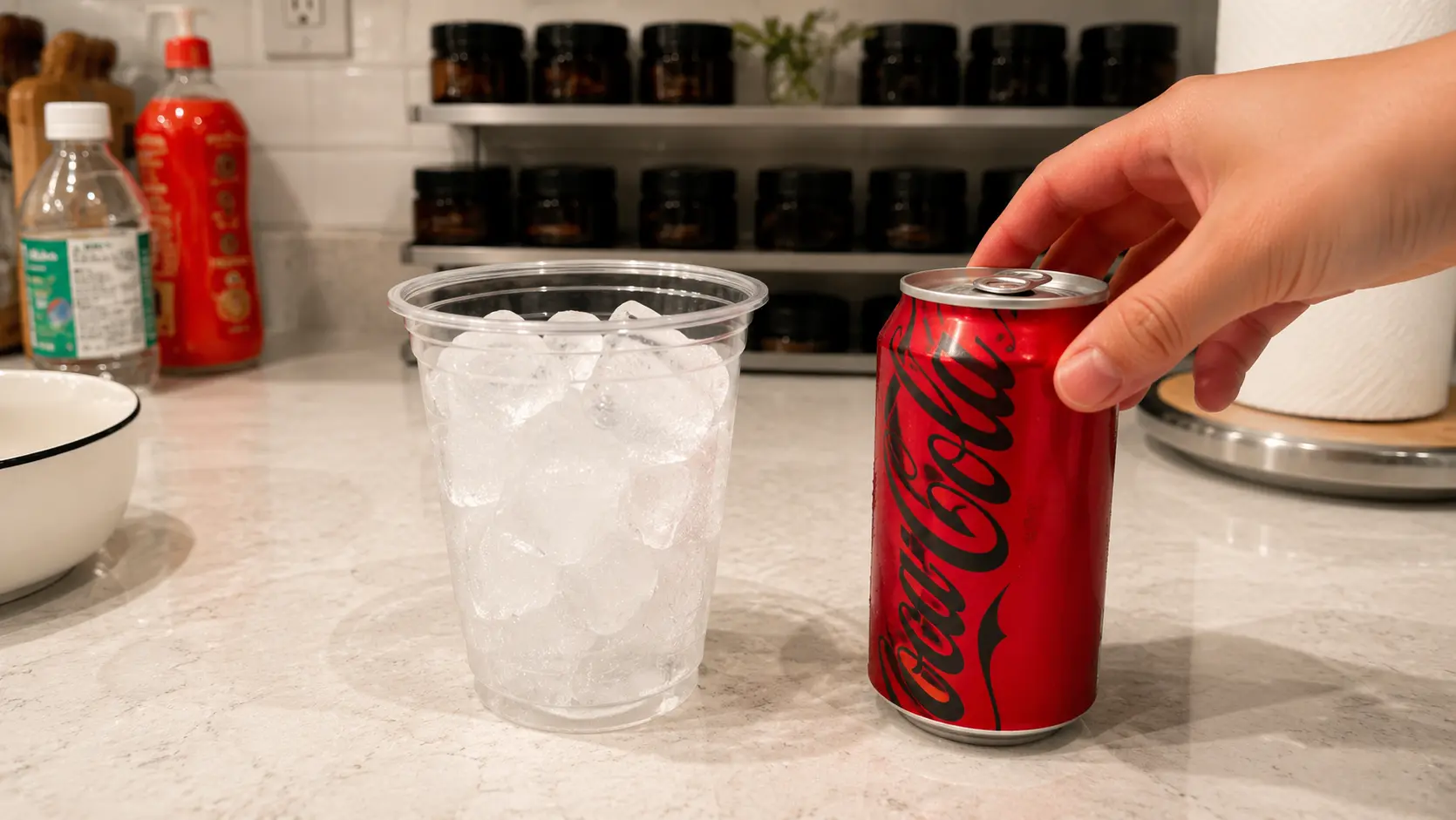 Hand holding a can of **Coca-Cola Zero Sugar** beside a clear plastic cup filled with ice on a kitchen countertop with blurred shelves in the background.