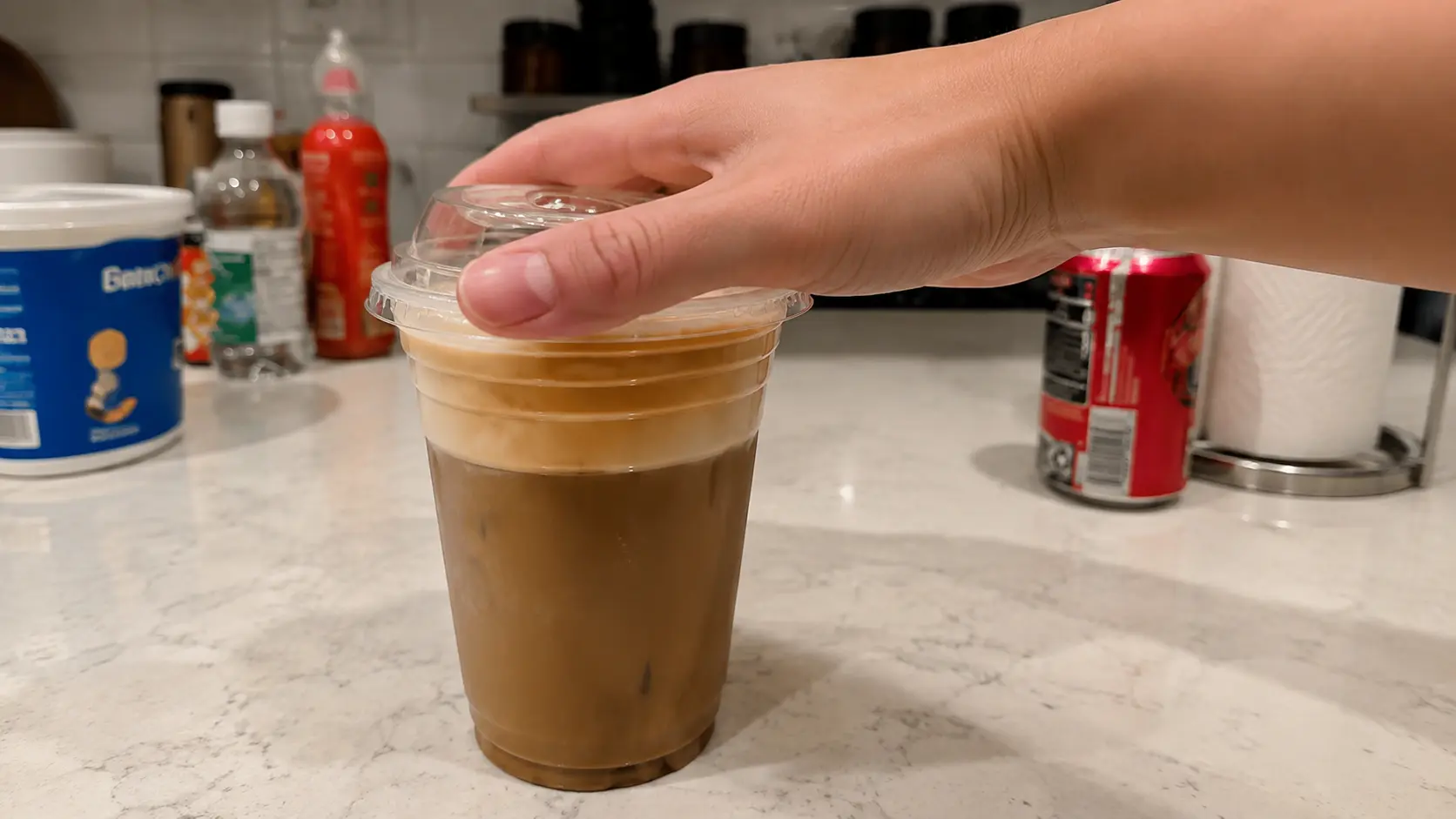 Hand placing a lid on a clear plastic cup of layered iced coffee on a kitchen counter with blurred bottles and a soda can in the background.