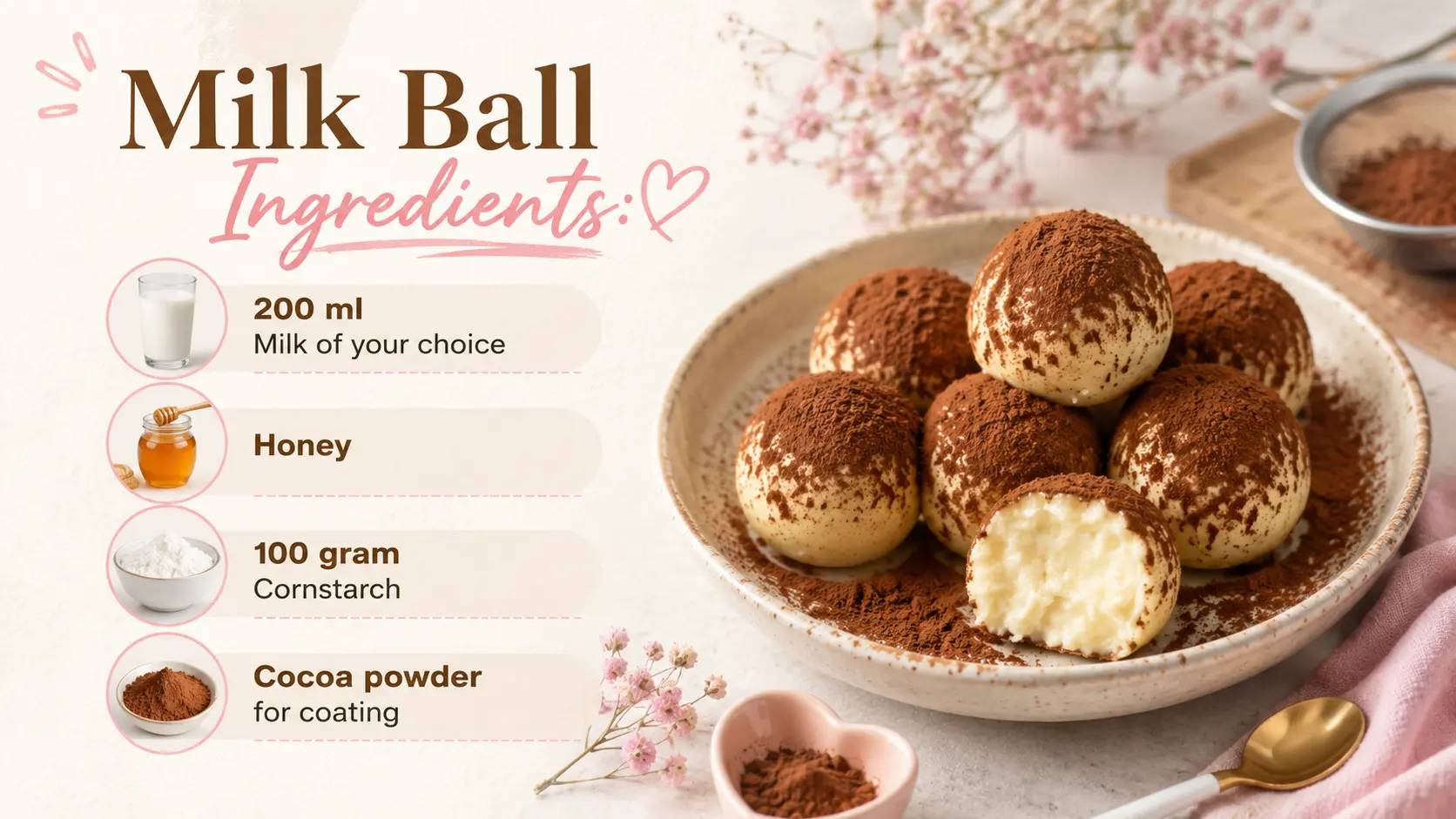 Recipe graphic showing milk ball ingredients beside a bowl of cocoa-dusted milk balls, one cut open to reveal a creamy center.