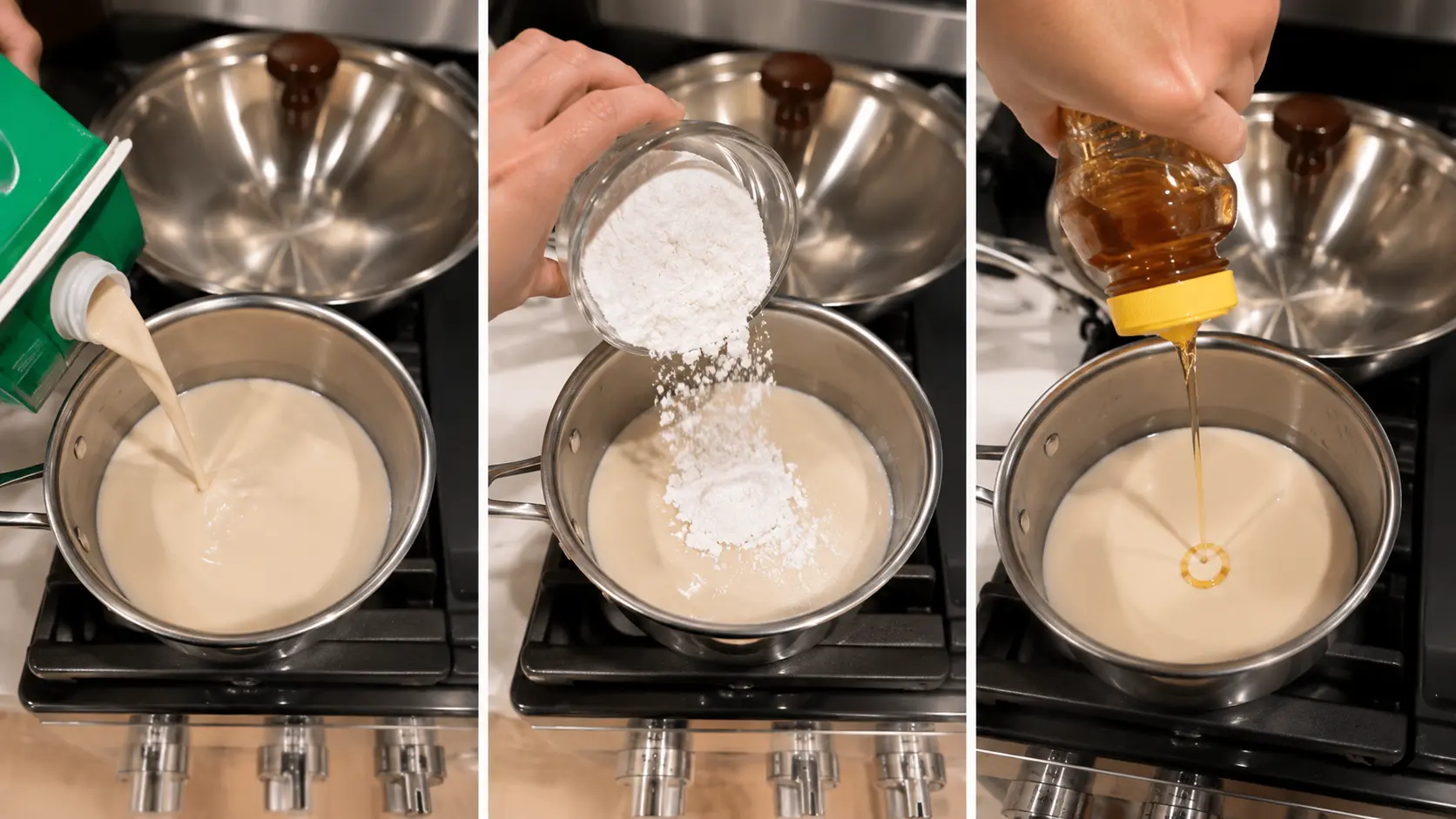 Three-panel collage showing milk being poured, cornstarch added, and honey drizzled into a saucepan on a stovetop.