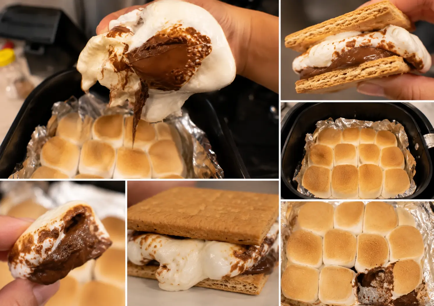 Collage of gooey air fryer s’mores with melted chocolate, toasted marshmallows, graham crackers, and close-up views from multiple angles.