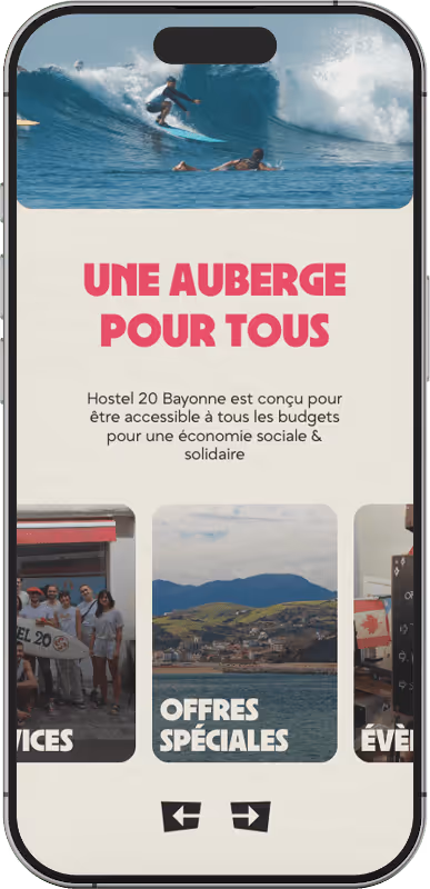 Interface UX/UI du site Hostel 20 Bayonne conçue par Studio Edoras, design pour voyageurs, backpackers et hébergements collectifs.