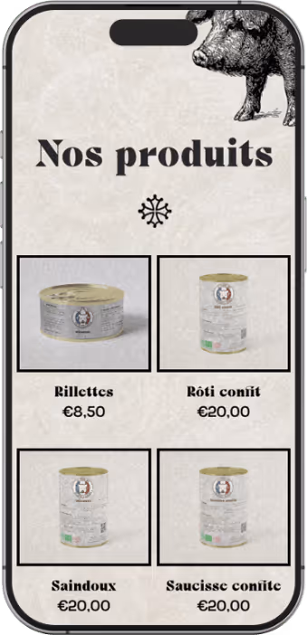 Section “Nos produits” du site de La Ferme des Cochons Laineux, vente de charcuteries artisanales, saucisses et pâtés issus d’un élevage Mangalitza.