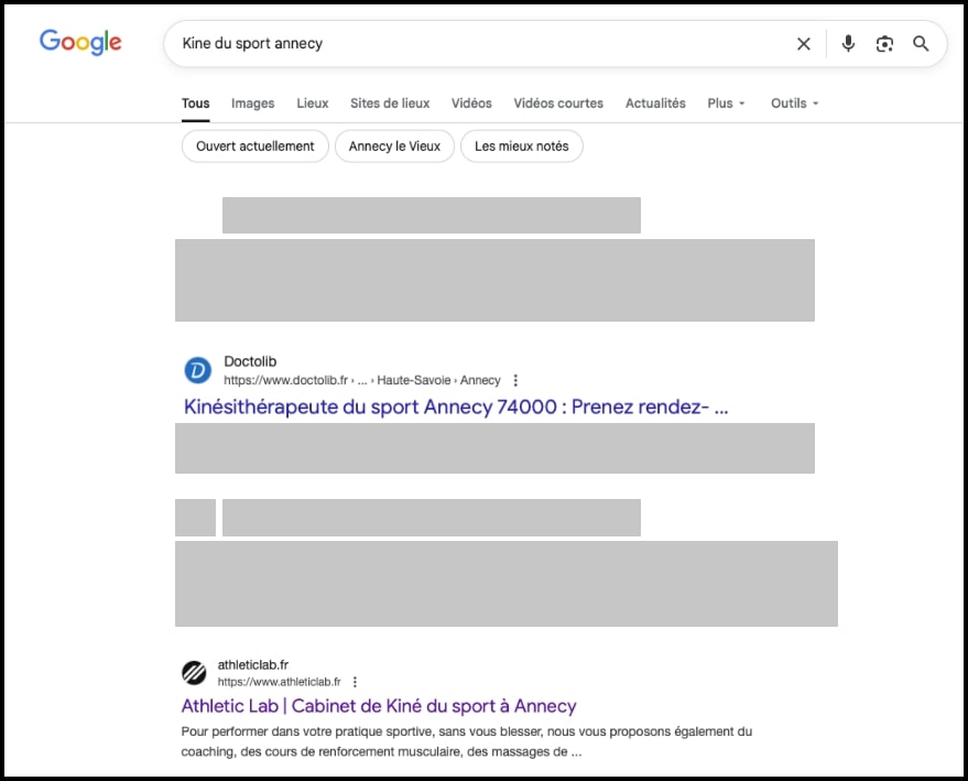 Preuve de réussite du référencement local pour Athletic Lab : visibilité Google accrue sur “kiné du sport Annecy”, “ostéo du sport Annecy” et “coaching du coureur Annecy”, générant plus de demandes de rendez-vous et d’accompagnement sportif.