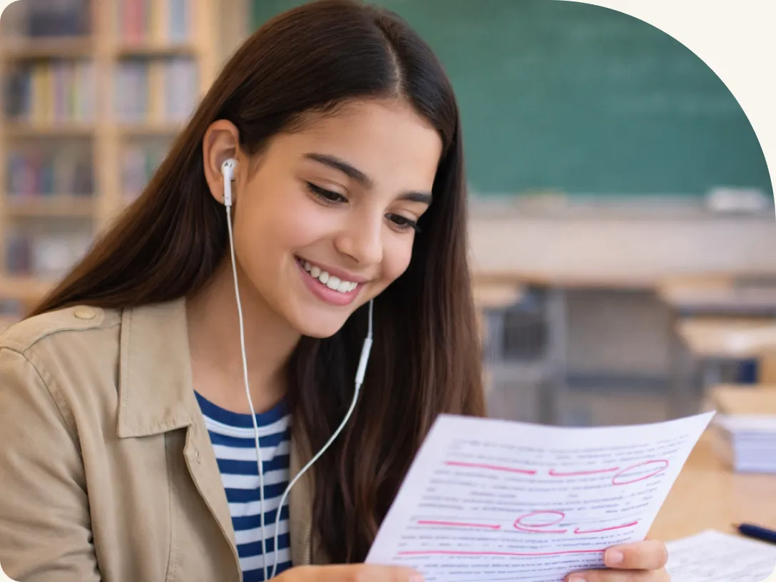 student élève écoute audio oral feedback