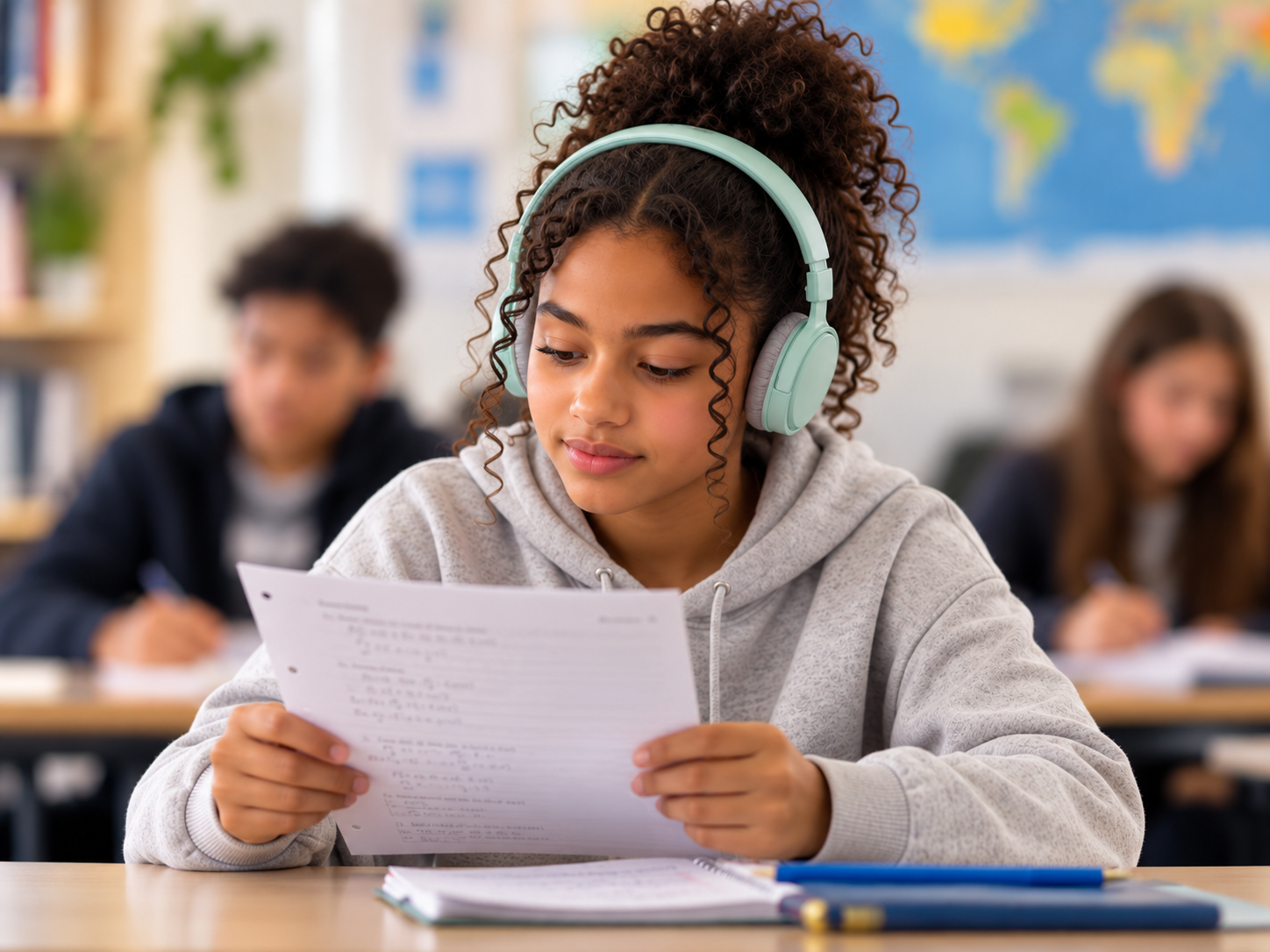 Une élève avec un casque audio écoute la correction de sa copie